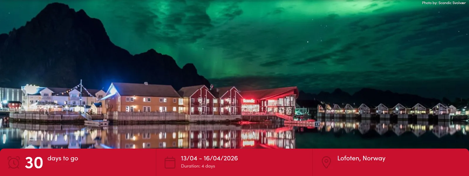 Screenshot of the Norwegian Travel Workshop 2026 website with a Lofoten motif under the Northern Lights, powered by Converve