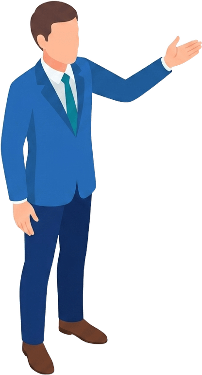 Illustrated person presenting the live reporting metrics next to the chart.