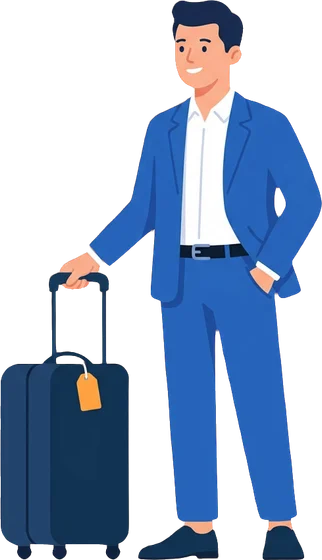 Illustration: a buyer with a suitcase next to the registration form.