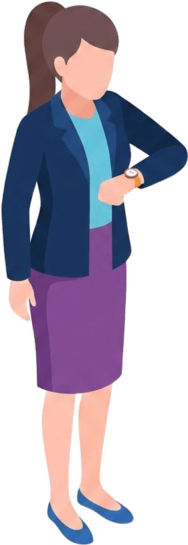 Illustrated person standing next to the daily schedule, looking at their watch.