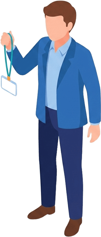 Illustrated person holding up their finished badge next to the check-in card.