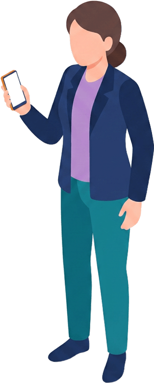 Illustrated person standing next to the card, using the event app on their smartphone.