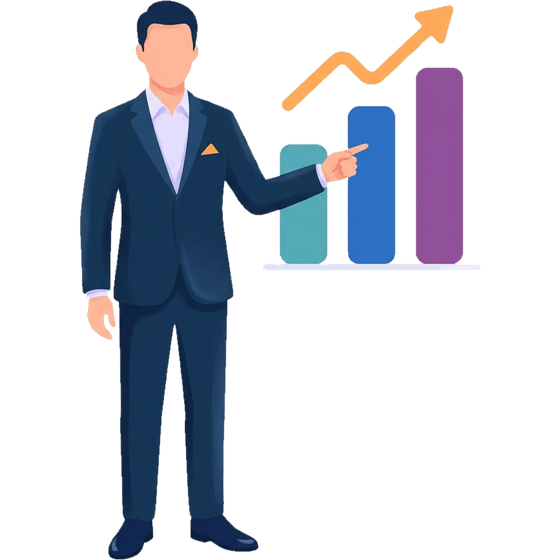 Illustration: a man points at a growing bar chart with an upward trend arrow.
