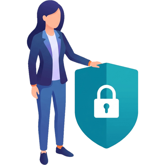Illustration: a woman rests her hand on a protective shield with a padlock, data security.