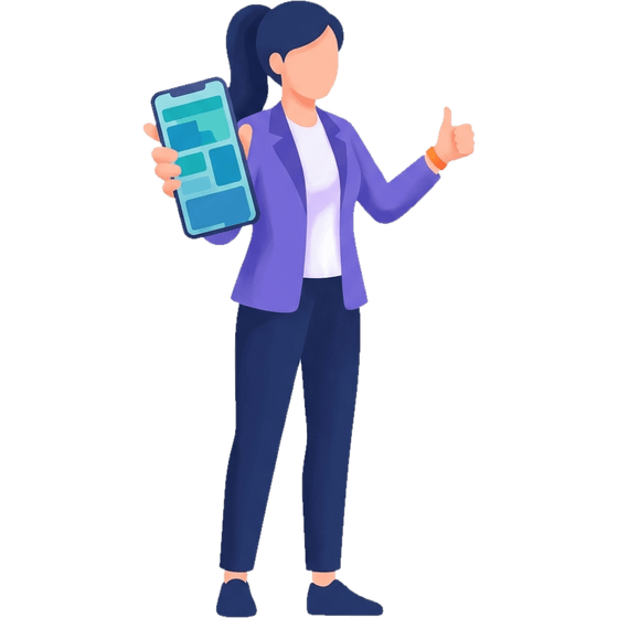 Illustration: a woman holds a smartphone with the event app and gives a thumbs up.