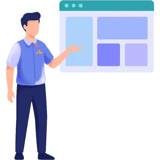 Illustration: a man presents a browser window, the branded event website.