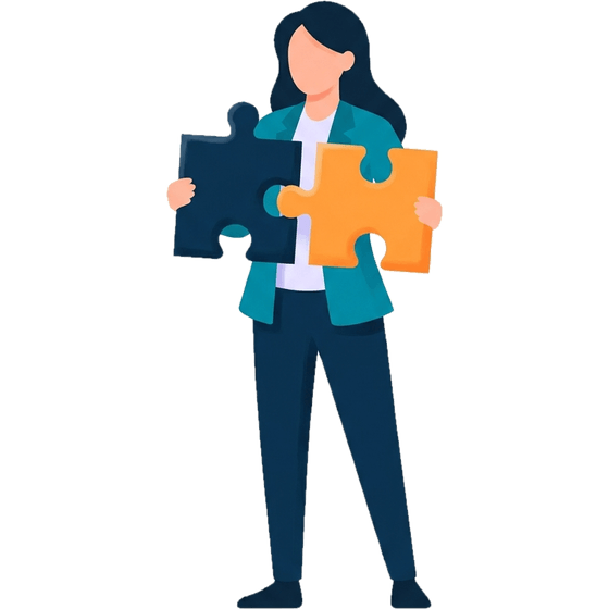Illustration: a woman joins two puzzle pieces, systems that interlock.