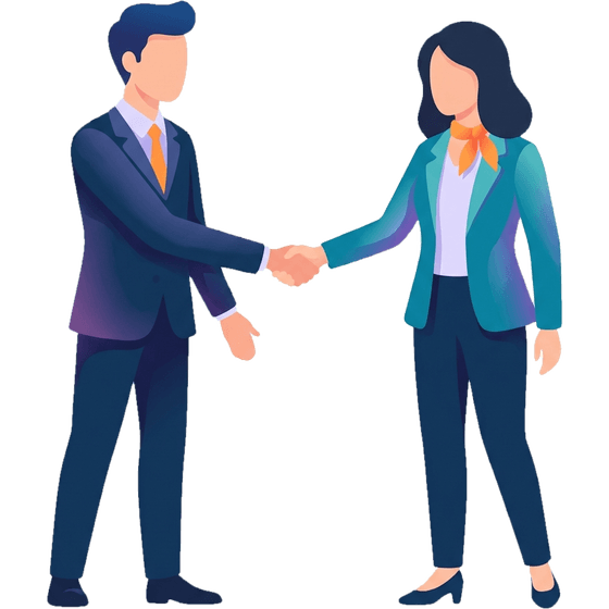 Illustration: two professionals greet each other with a handshake for a 1:1 business meeting.