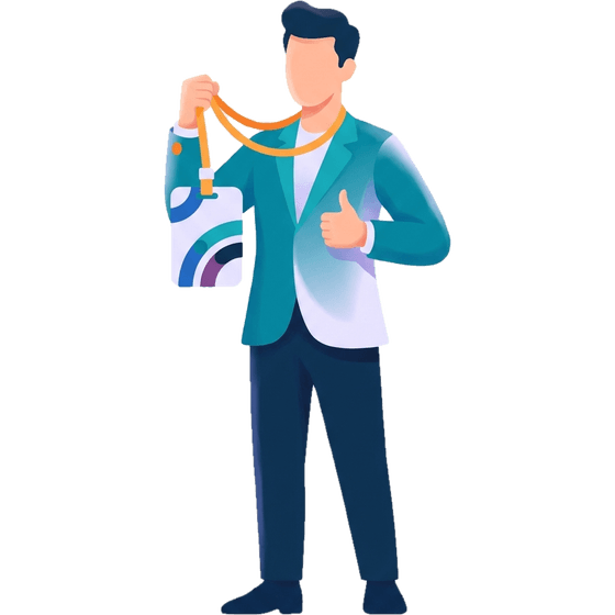 Illustration: an attendee happily holds up his event badge on a lanyard.