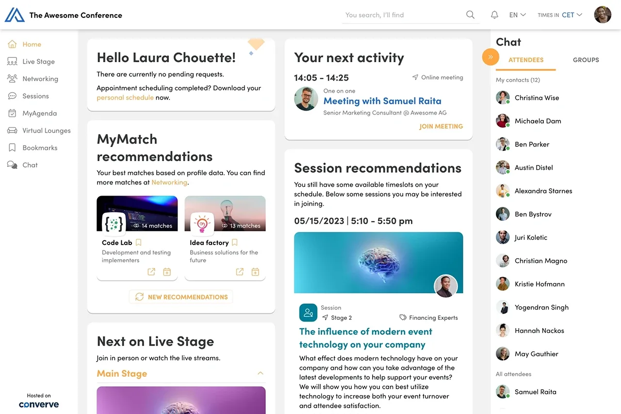 Converve attendee dashboard: personalized home with next meeting, MyMatch recommendations, session recommendations and live chat.